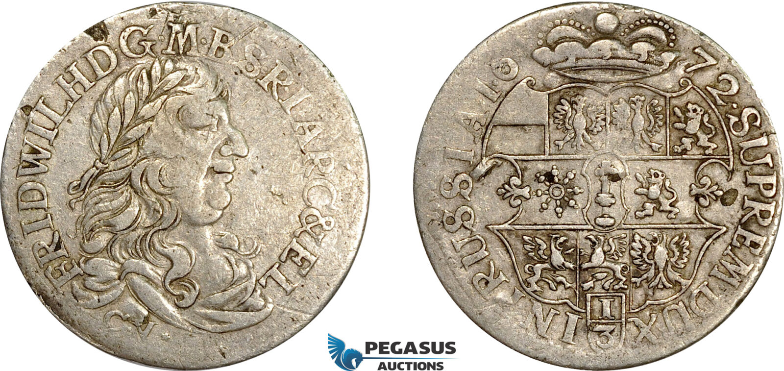 AE022, Germany, Prussia, Fr. Wilhelm, 1/3 Taler 1672 CV, Königsberg, Silver (8.58g) F-VF