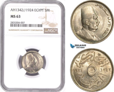 AE093, Egypt, Fuad, 5 Milliemes AH1342/1924, NGC MS63
