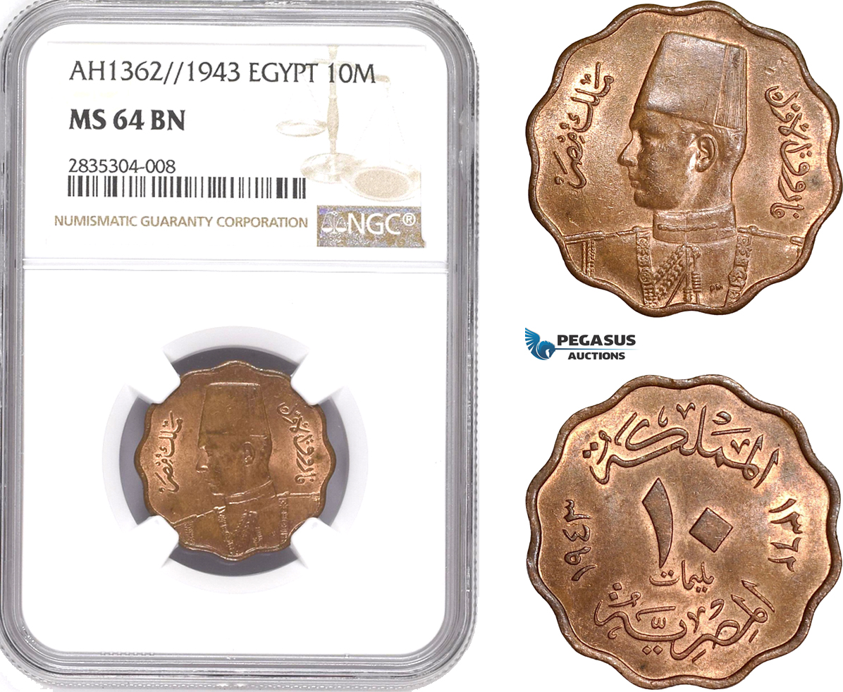 AE094, Egypt, Farouk, 10 Milliemes AH1362/1943, NGC MS64BN