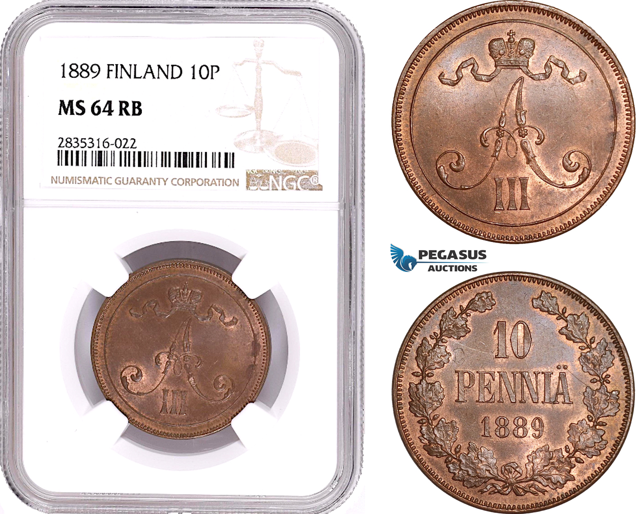 AE099, Finland, Alexander III. of Russia, 10 Penni 1889, NGC MS64RB