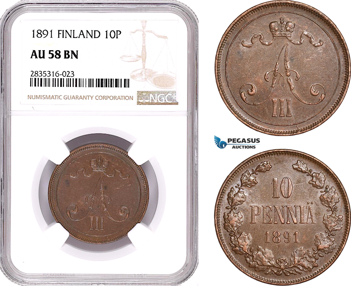 AE100, Finland, Alexander III. of Russia, 10 Penni 1891, NGC AU58BN
