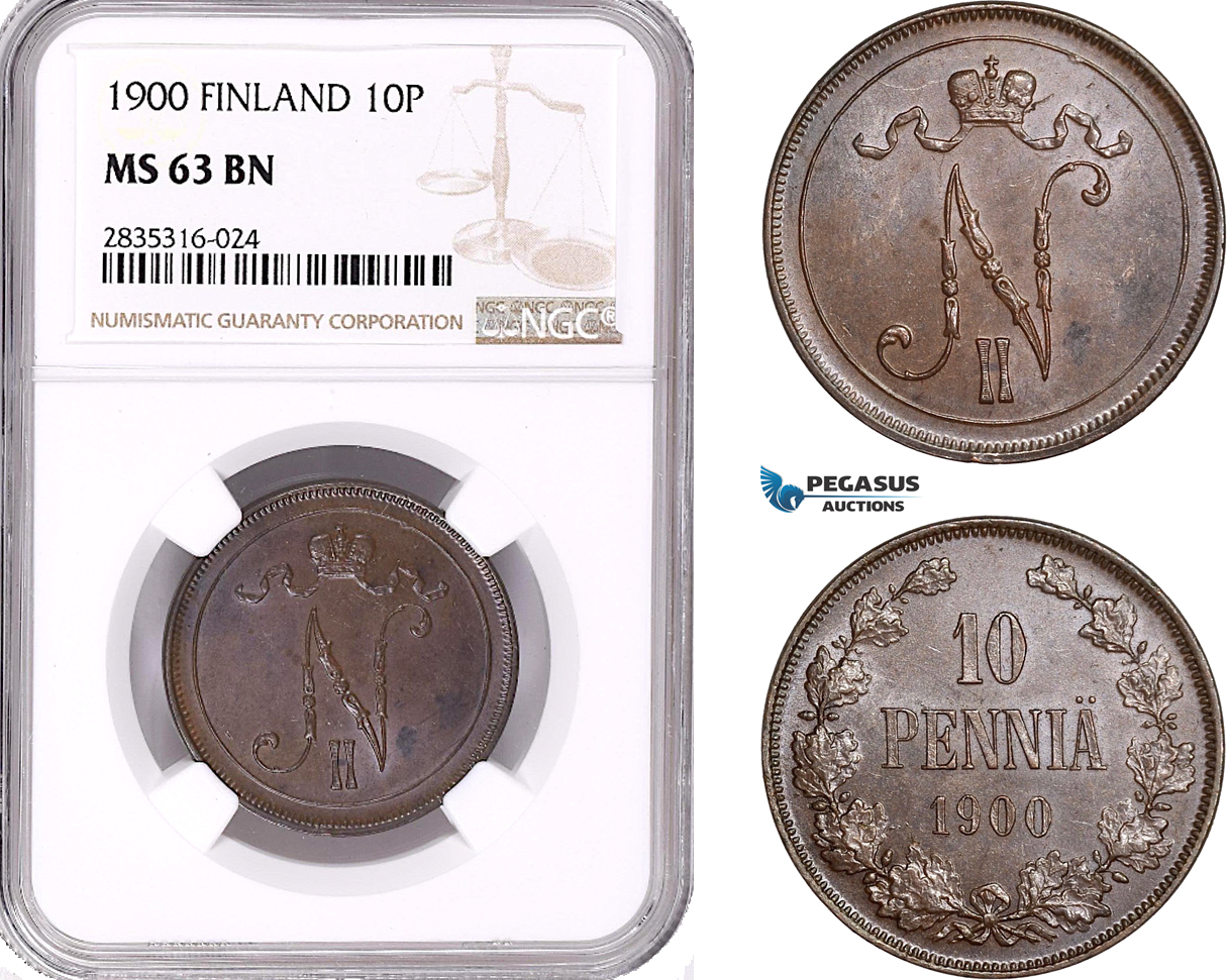 AE101, Finland, Nicholas II. of Russia, 10 Pennia 1900, NGC MS63BN
