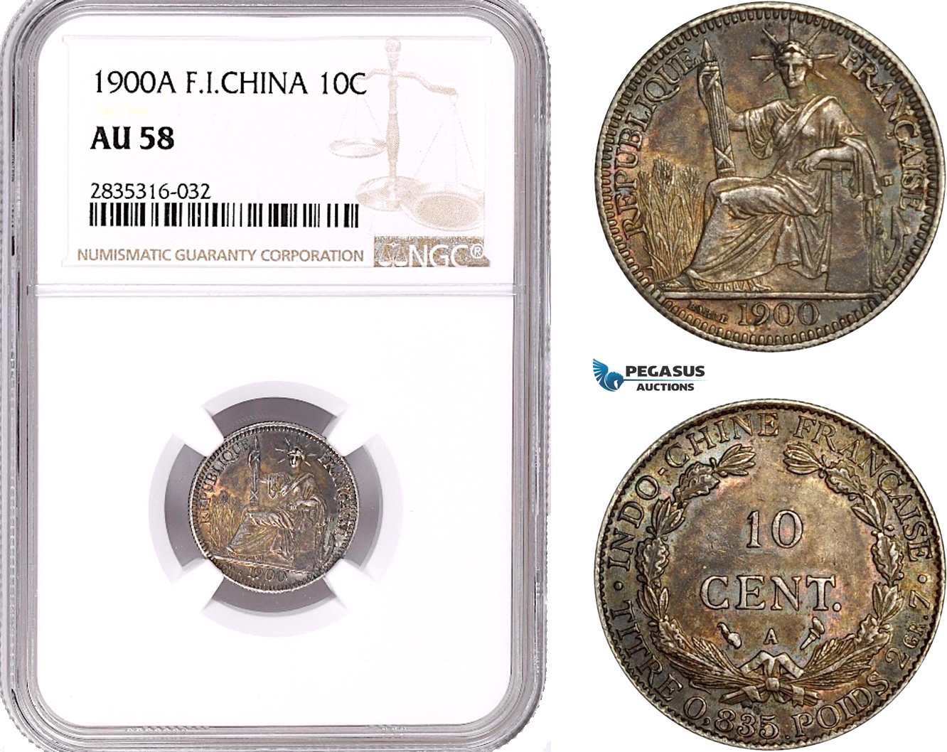 AE111, French Indo-China, 10 Centimes 1900-A, Paris, Silver, NGC AU58