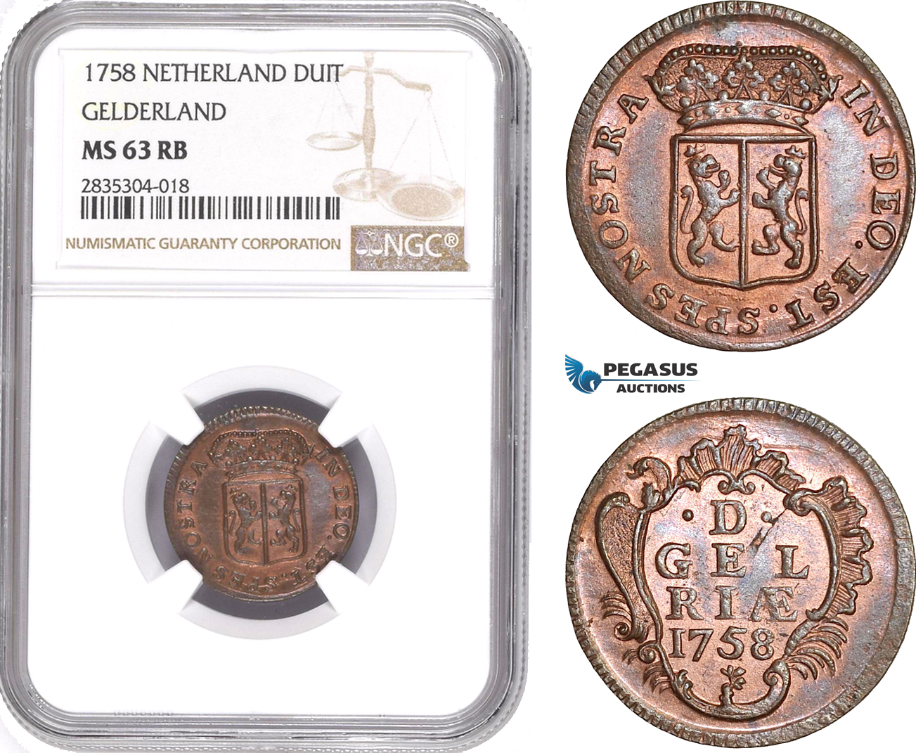 AE133, Netherlands, Gelderland, Duit 1758, NGC MS63RB