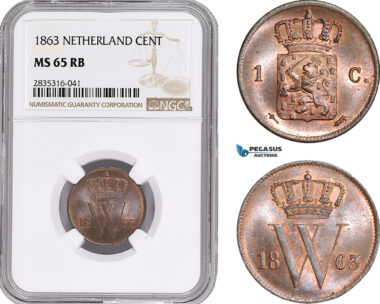 AE134, Netherlands, Willem III, 1 Cent 1863, Utrecht, NGC MS65RB, Pop 1/0