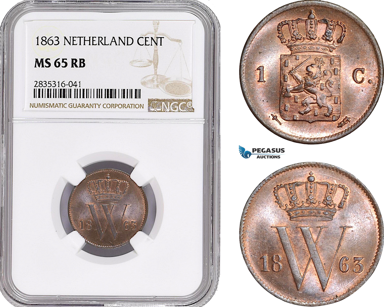 AE134, Netherlands, Willem III, 1 Cent 1863, Utrecht, NGC MS65RB, Pop 1/0