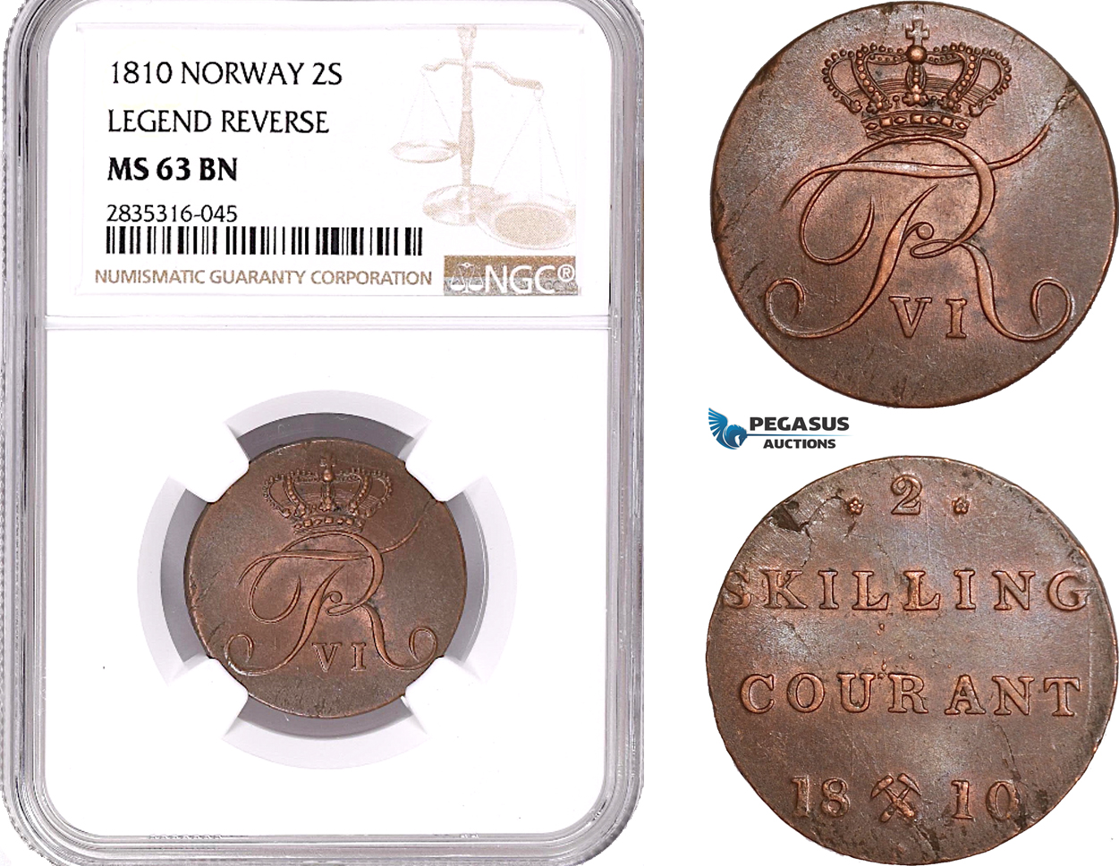 AE138, Norway, Frederik VI, 2 Skilling 1810, Kongsberg, NGC MS63BN
