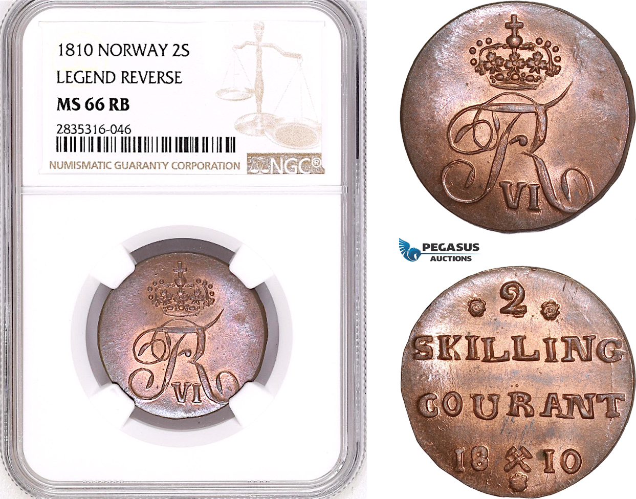 AE139, Norway, Frederik VI, 2 Skilling 1810, Kongsberg, NGC MS66RB, Pop 1/0