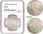 AE186, Switzerland, 5 Francs 1900-B, Bern, Silver, NGC AU55, Rare!