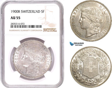 AE186, Switzerland, 5 Francs 1900-B, Bern, Silver, NGC AU55, Rare!