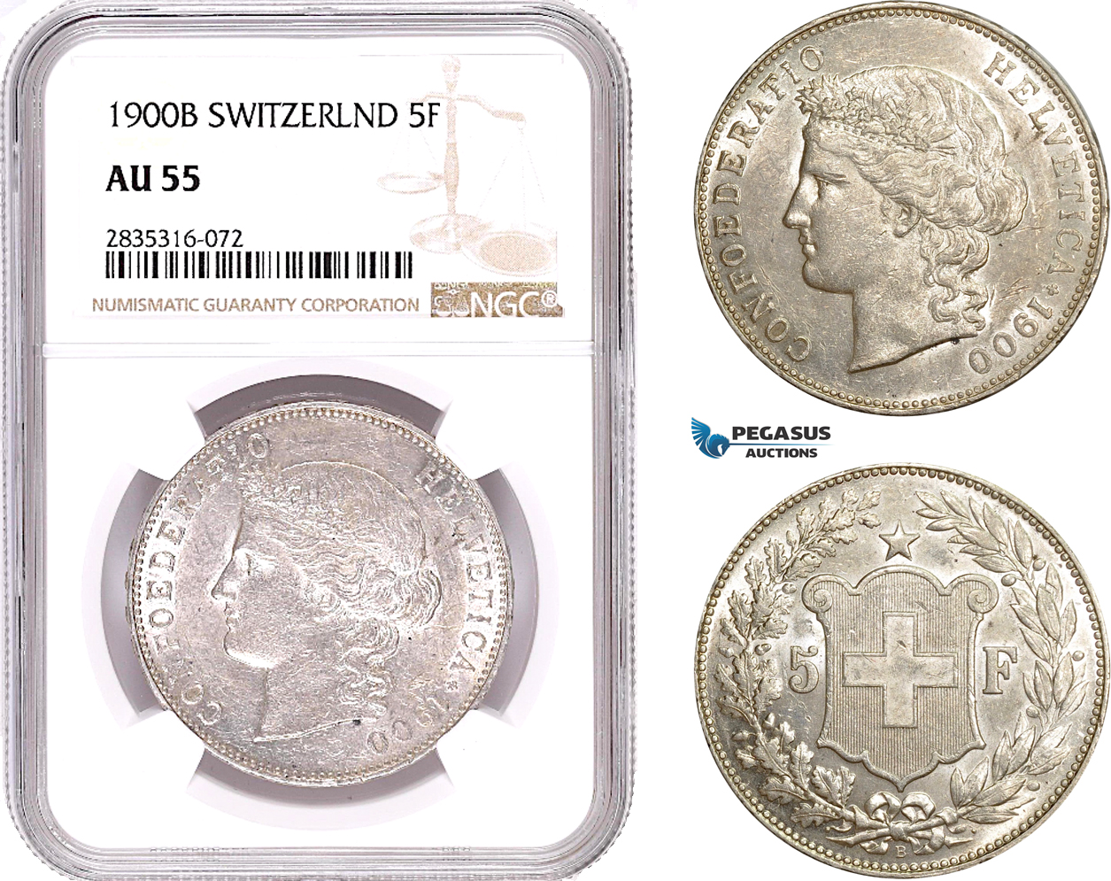 AE186, Switzerland, 5 Francs 1900-B, Bern, Silver, NGC AU55, Rare!
