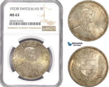AE230, Switzerland, 5 Francs 1923-B, Bern, Silver, NGC MS63