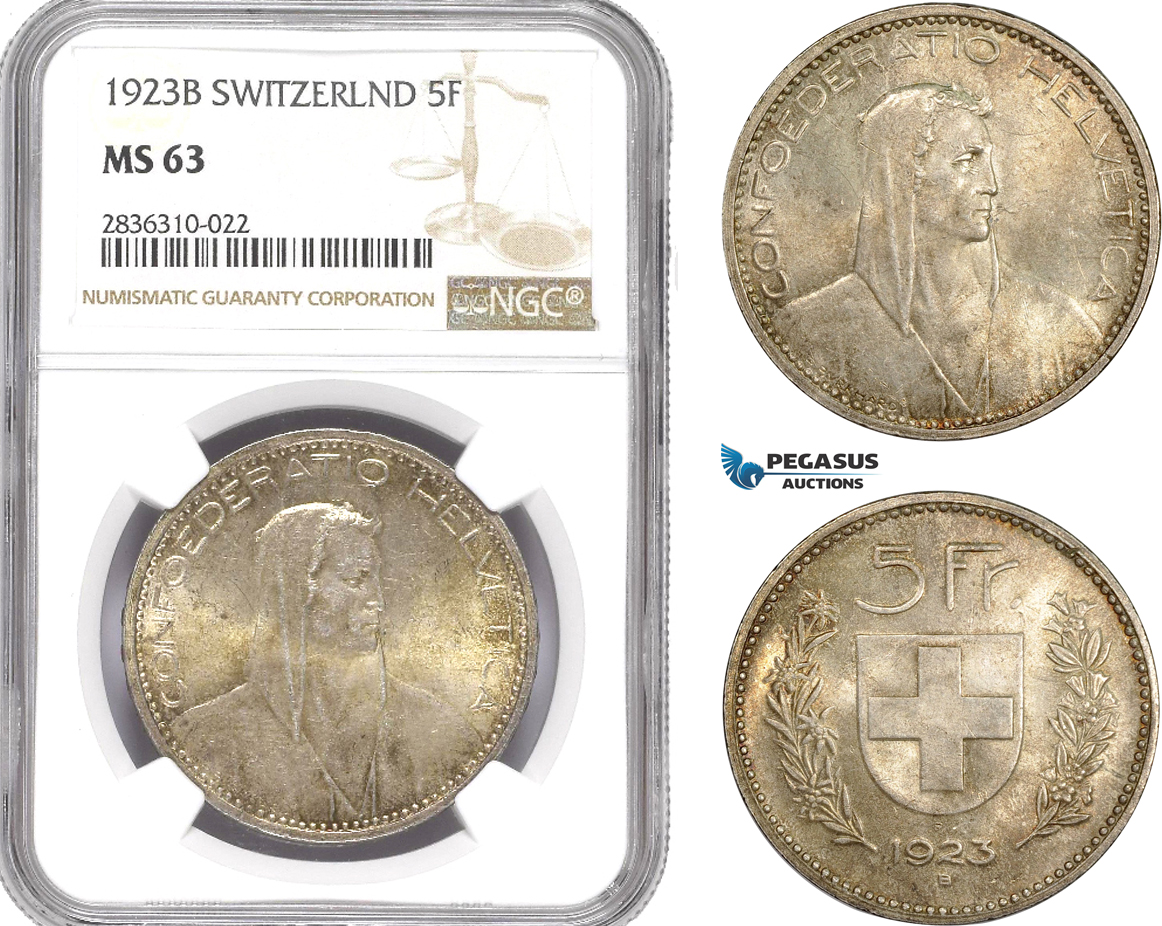 AE230, Switzerland, 5 Francs 1923-B, Bern, Silver, NGC MS63