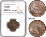 AE285, Spain, Provisional Government, 5 Centimos 1870-OM, Barcelona, NGC MS63BN