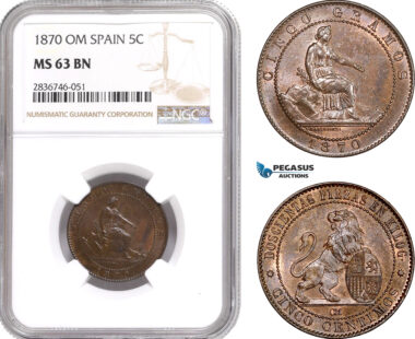 AE285, Spain, Provisional Government, 5 Centimos 1870-OM, Barcelona, NGC MS63BN