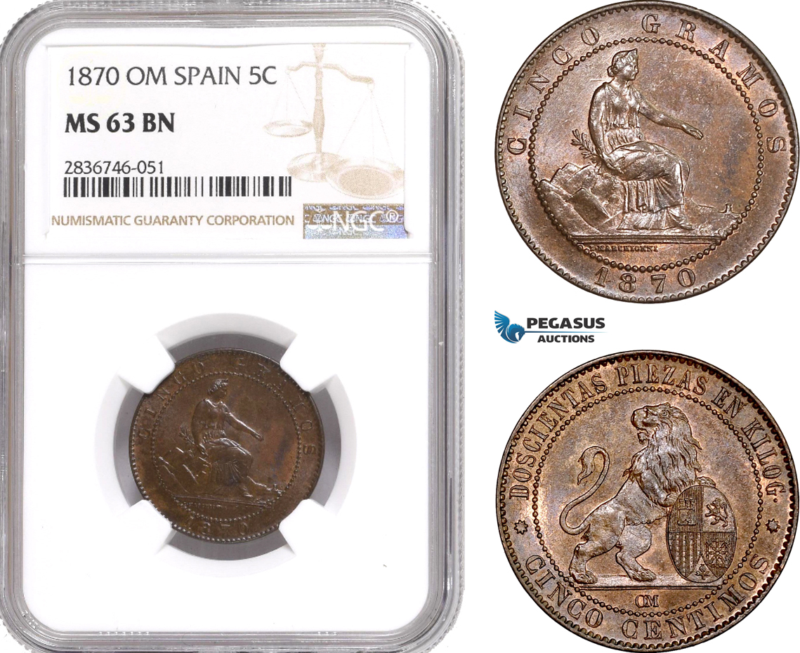 AE285, Spain, Provisional Government, 5 Centimos 1870-OM, Barcelona, NGC MS63BN