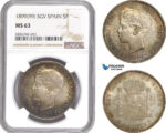 AE286, Spain, Alfonso XIII, 5 Pesetas 1899 (99) SGV, Valencia, Silver, NGC MS63