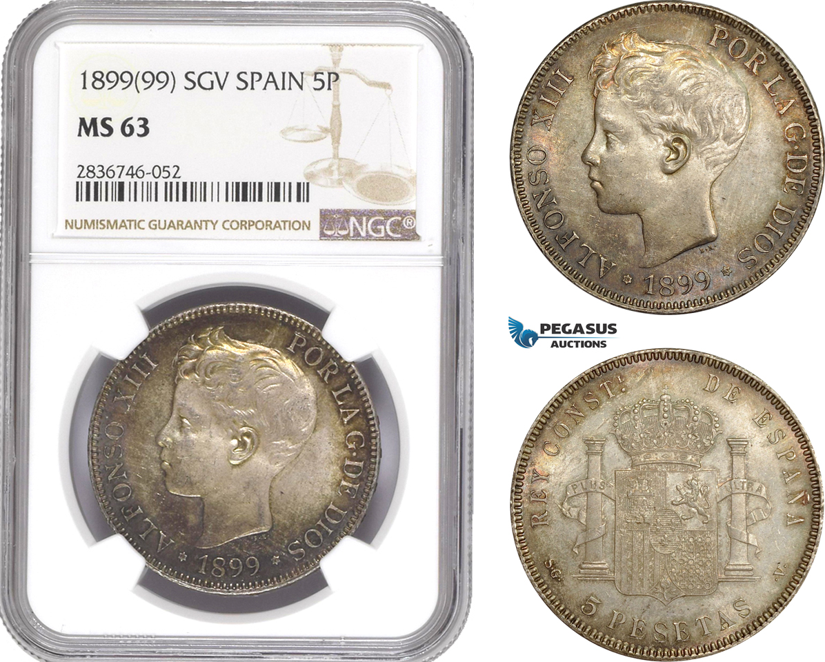 AE286, Spain, Alfonso XIII, 5 Pesetas 1899 (99) SGV, Valencia, Silver, NGC MS63