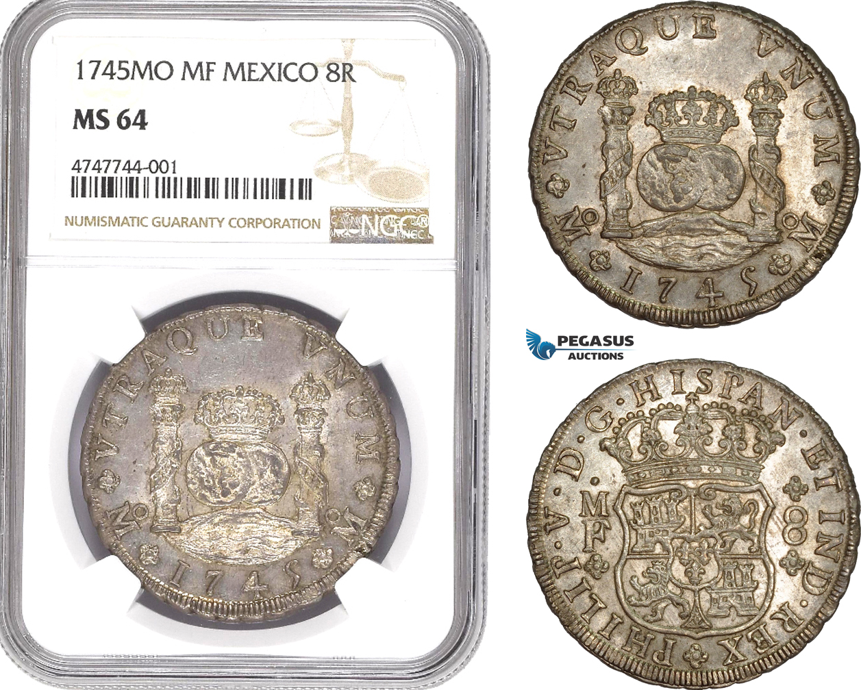 AE291, Mexico, Philip V, 8 Reales 1745 Mo MF, Mexico City, Silver, NGC MS64