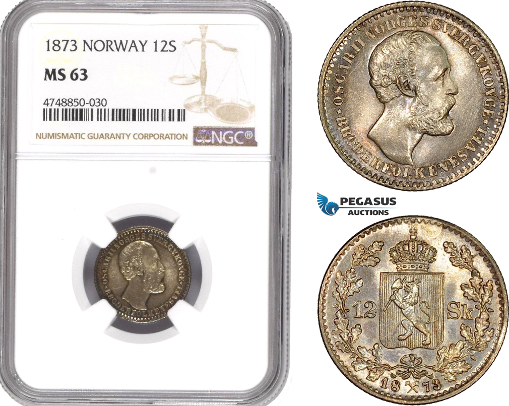AE331, Norway, Oscar II, 12 Skilling 1873, Kongsberg, Silver, NGC MS63