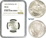 AE424, Portugal, 5 Escudos 1933, Silver, NGC MS66, Pop 2/0