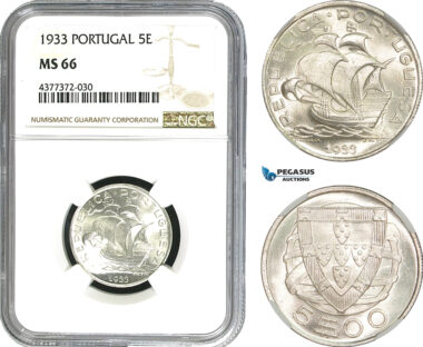 AE424, Portugal, 5 Escudos 1933, Silver, NGC MS66, Pop 2/0