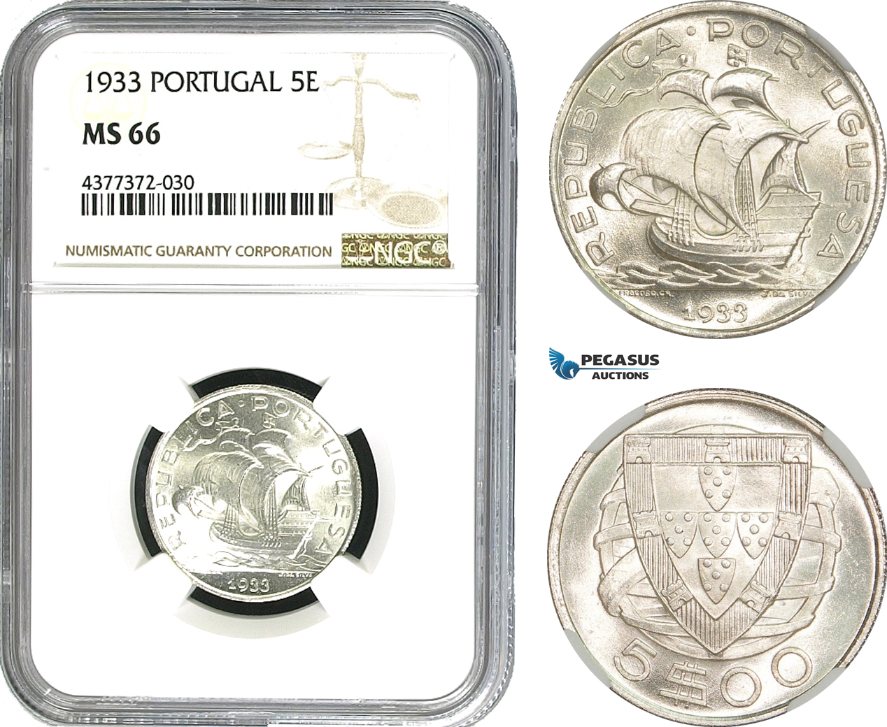 AE424, Portugal, 5 Escudos 1933, Silver, NGC MS66, Pop 2/0