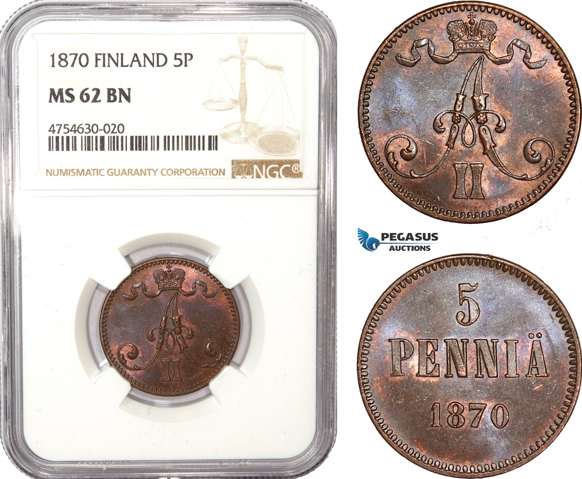 AE493, Finland, Alexander II. of Russia, 5 Penniä 1870, NGC MS62BN, Rare!