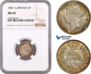 AE509, Great Britain, Victoria, Sixpence (6p) 1881, Silver, NGC MS65, Pop 2/0