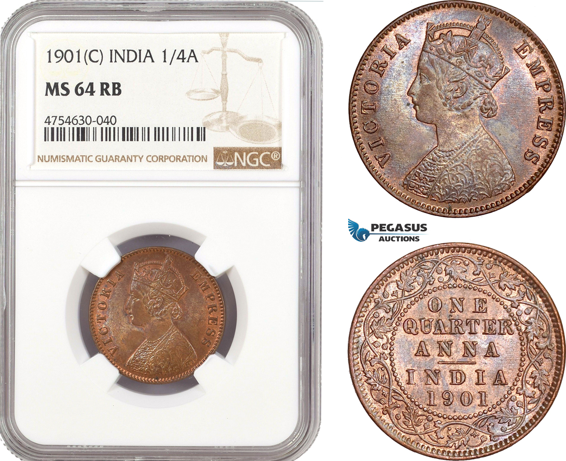 AE518, India (British) Victoria, 1/4 Anna 1901 (C) Calcutta, NGC MS64RB