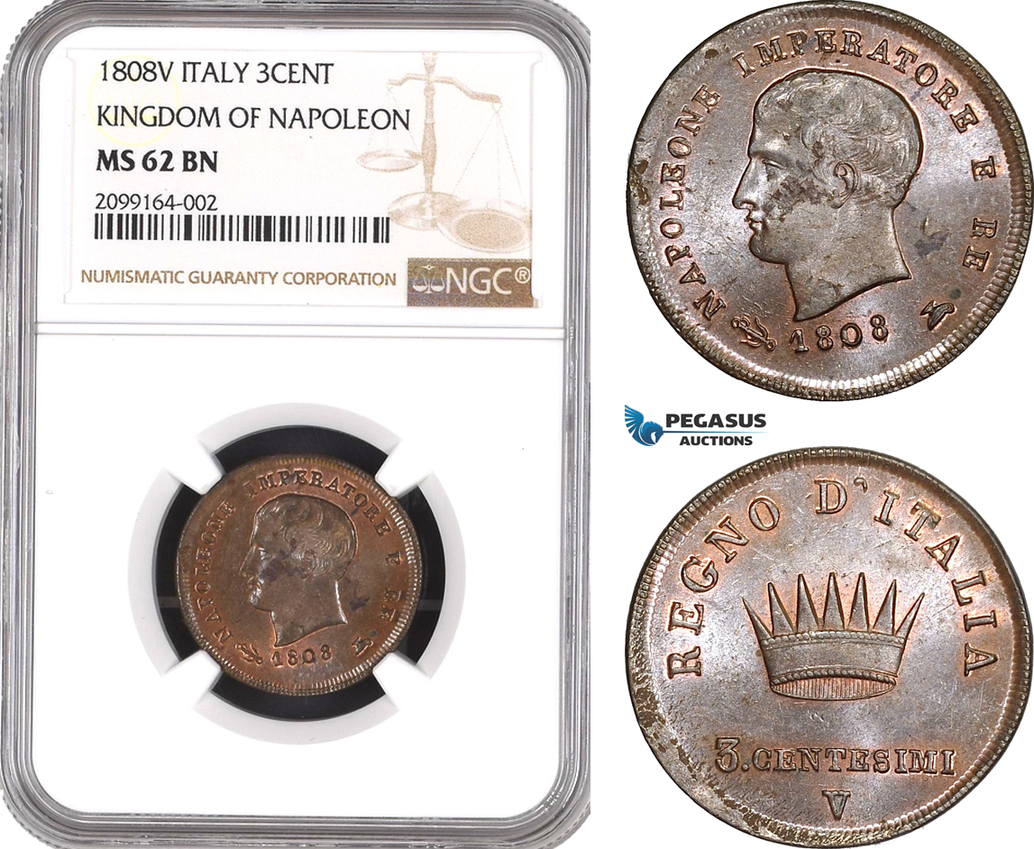 AE529, Italy, Kingdom of Napoleon, 3 Centesimi 1808-V, Venice, NGC MS62BN, Pop 1/0