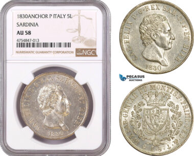 AE530, Italy, Sardinia, Carlo Felice, 5 Lire 1830-P, Genoa, Silver, NGC AU58, Top Pop