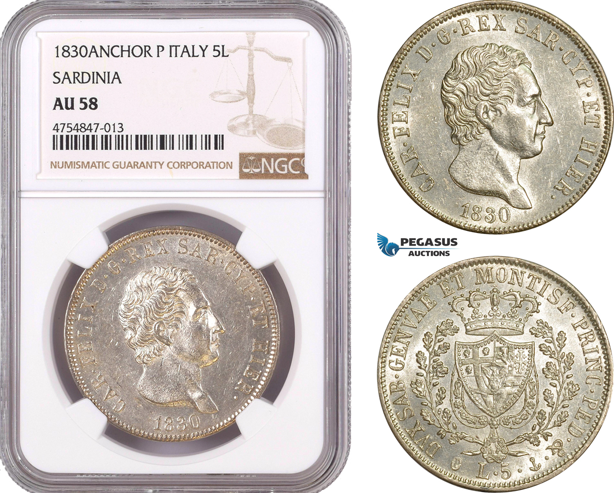 AE530, Italy, Sardinia, Carlo Felice, 5 Lire 1830-P, Genoa, Silver, NGC AU58, Top Pop
