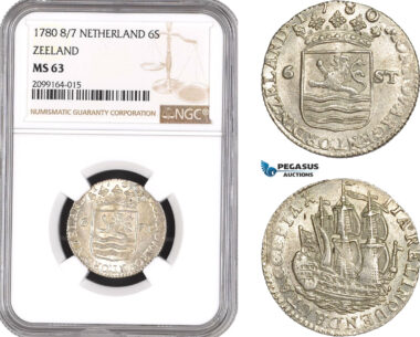 AE540, Netherlands, Zeeland, 6 Stuivers 1780 8/7, Silver, NGC MS63, Pop 1/0