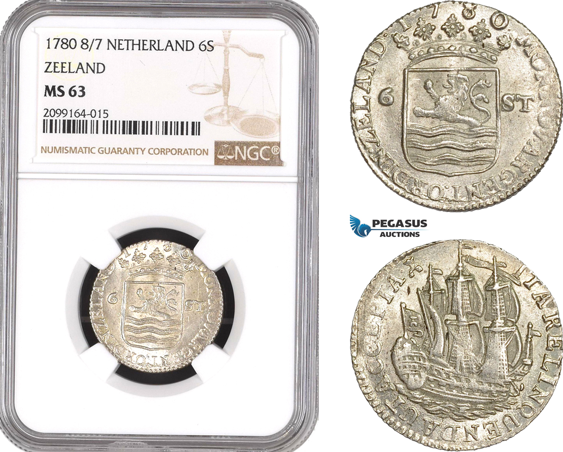 AE540, Netherlands, Zeeland, 6 Stuivers 1780 8/7, Silver, NGC MS63, Pop 1/0