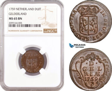 AE541, Netherlands, Gelderland, Duit 1759, NGC MS65BN