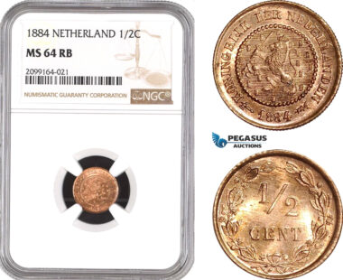 AE542, Netherlands, 1/2 Cent 1884, NGC MS64RB