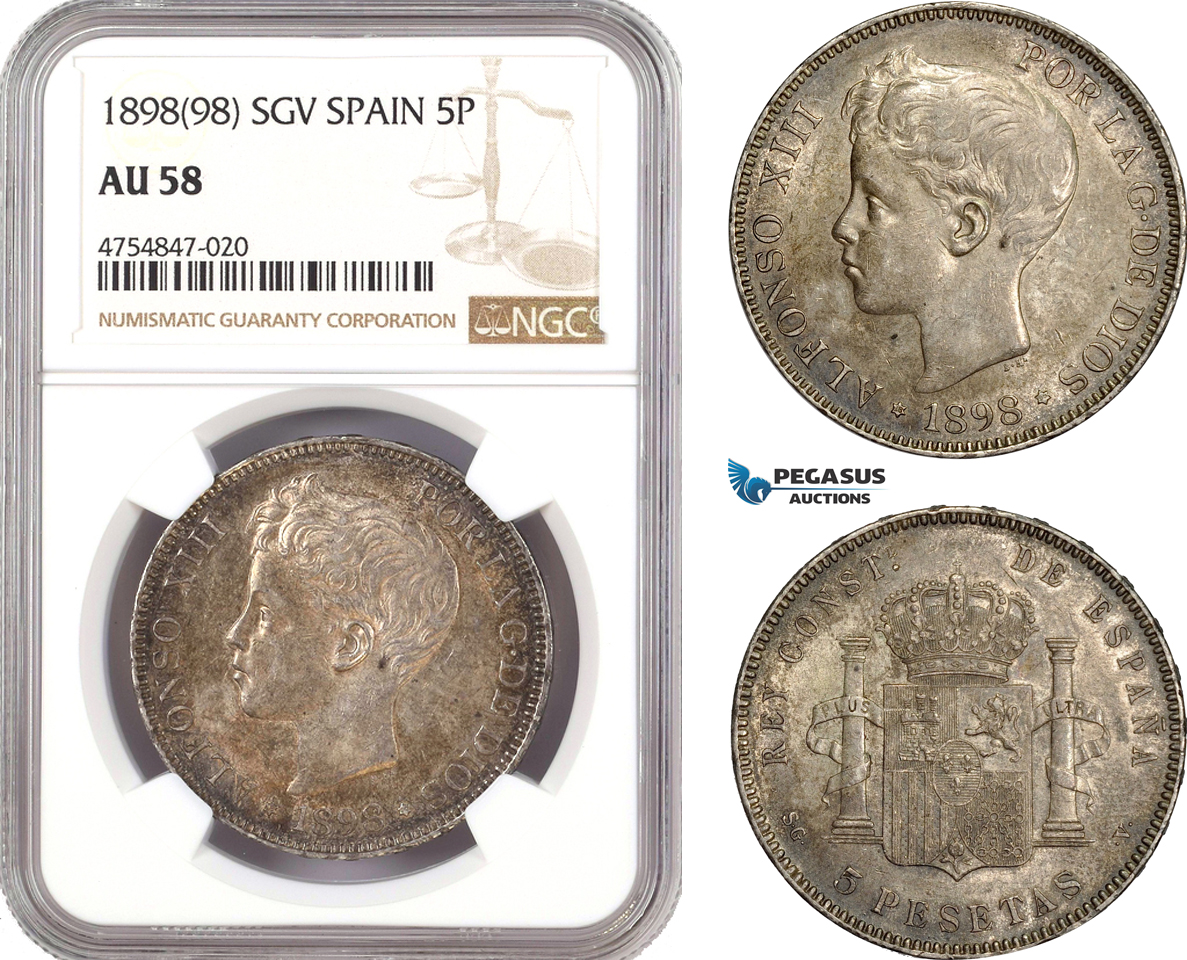 AE573, Spain, Alfonso XIII, 5 Pesetas 1898 (98) SGV, Valencia, Silver, NGC AU58