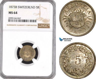 AE580, Switzerland, 5 Rappen 1873-B, Bern, Silver, NGC MS64, Top Pop
