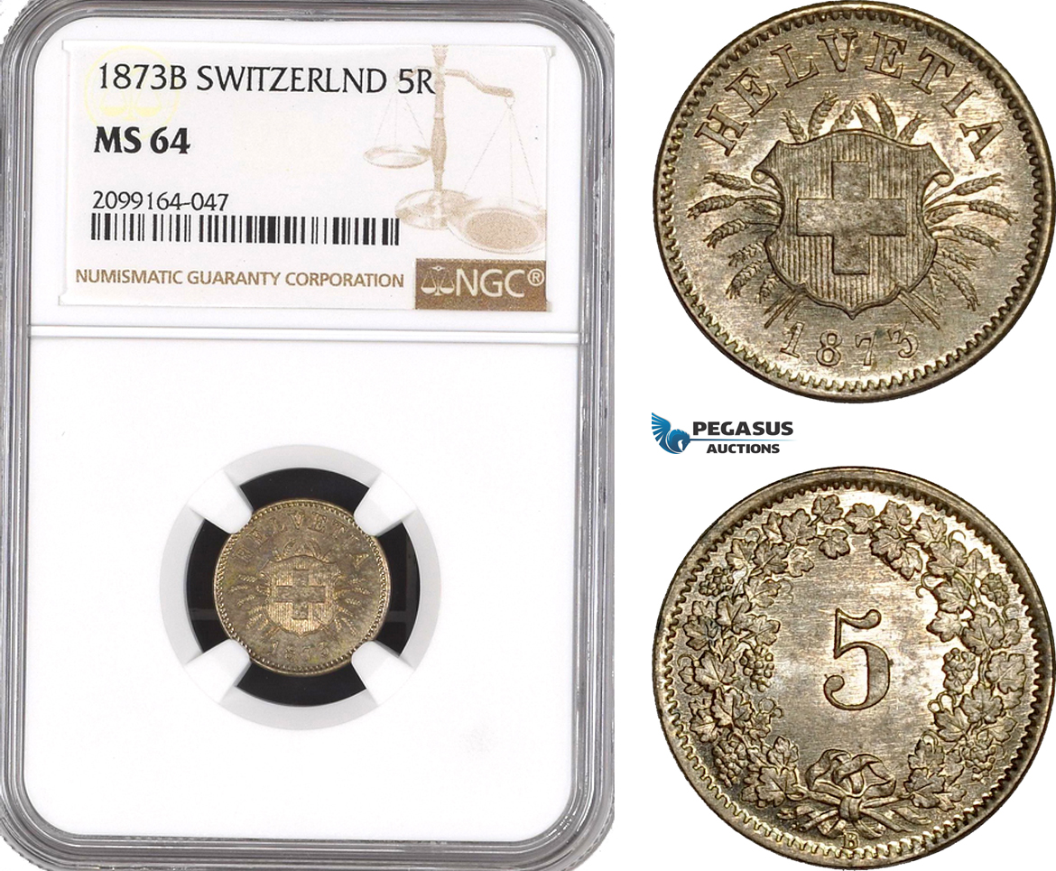 AE580, Switzerland, 5 Rappen 1873-B, Bern, Silver, NGC MS64, Top Pop