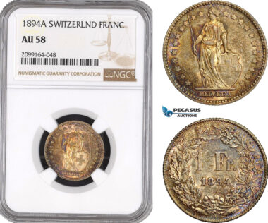 AE581, Switzerland, 1 Franc 1894-A, Paris, Silver, NGC AU58