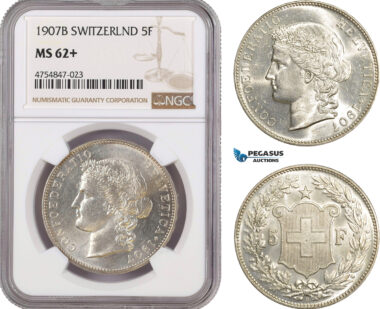 AE582, Switzerland, 5 Francs 1907-B, Bern, Silver, NGC MS62+