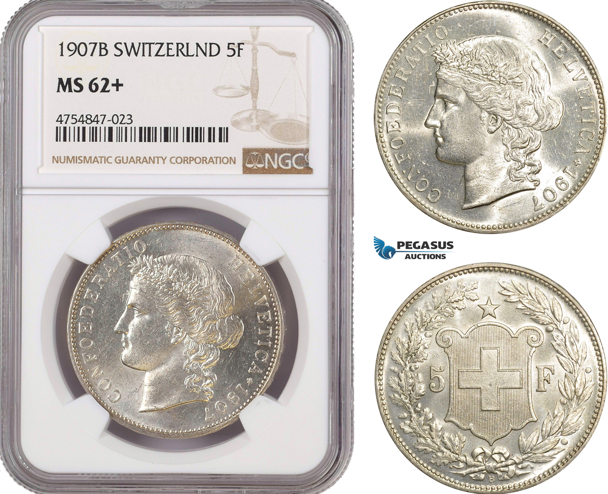 AE582, Switzerland, 5 Francs 1907-B, Bern, Silver, NGC MS62+
