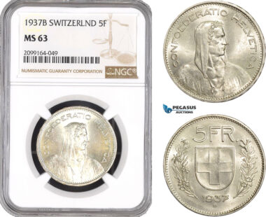 AE583, Switzerland, 5 Francs 1937-B, Bern, Silver, NGC MS63
