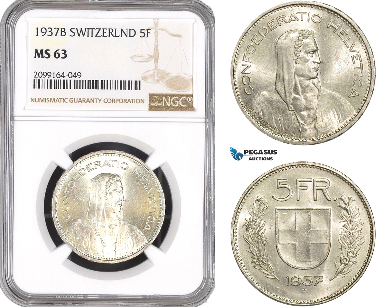 AE583, Switzerland, 5 Francs 1937-B, Bern, Silver, NGC MS63