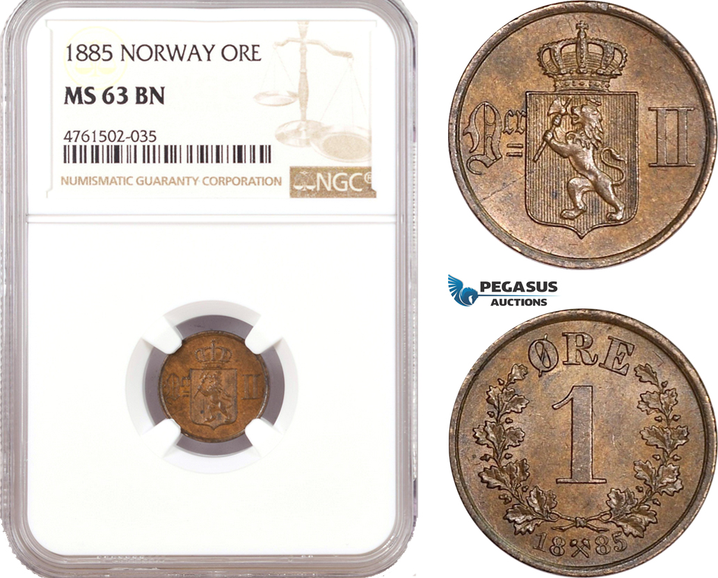 AE603, Norway, Oscar II, 1 Øre 1885, Kongsberg, NGC MS63BN