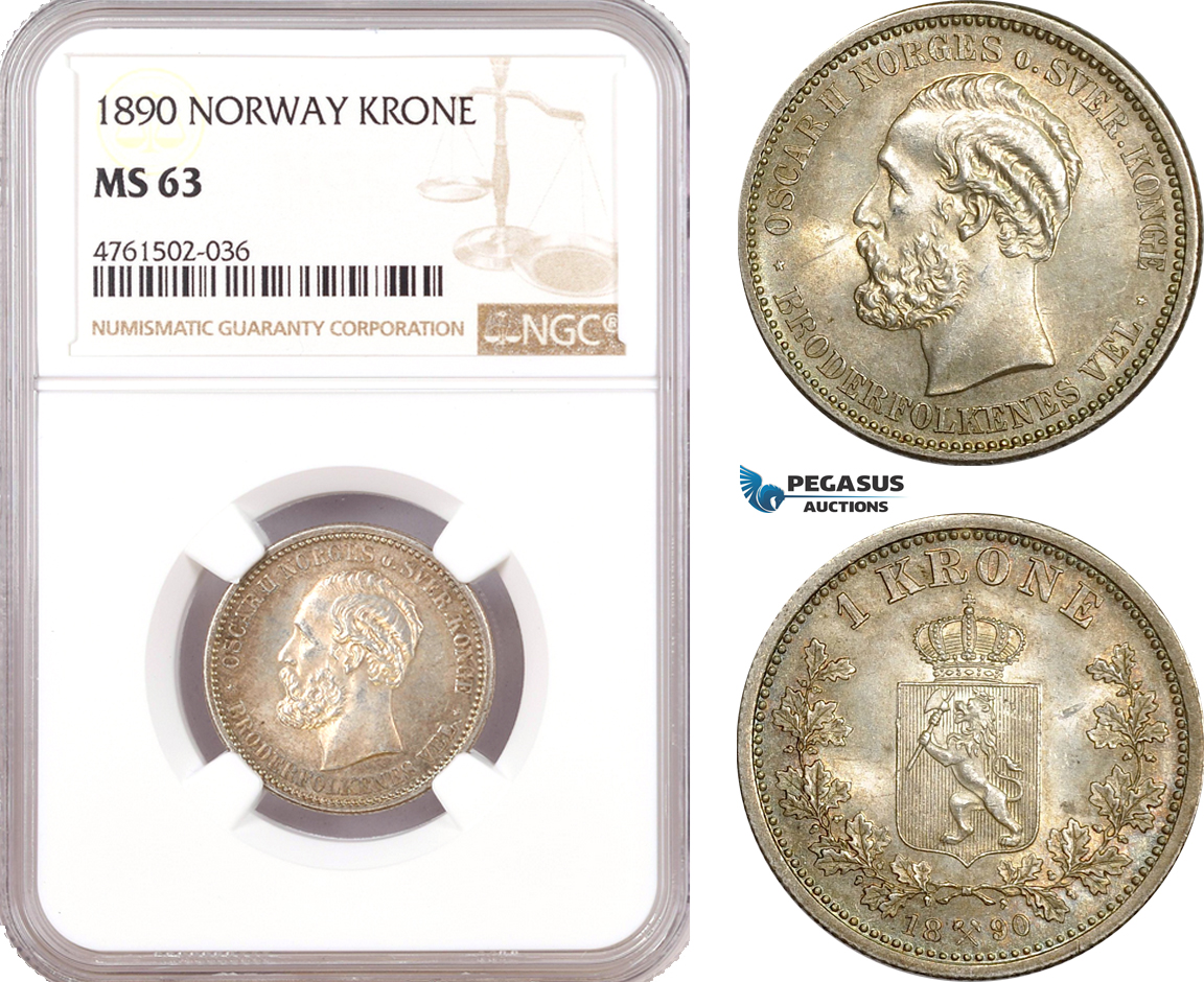 AE604, Norway, Oscar II, 1 Krone 1890, Kongsberg, Silver, NGC MS63