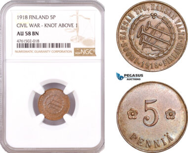 AE639, Finland, Civil War, 5 Penniä 1918 "Knot Above 1" NGC AU58BN