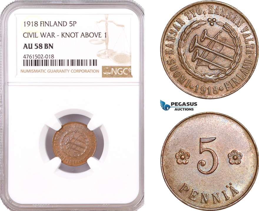 AE639, Finland, Civil War, 5 Penniä 1918 "Knot Above 1" NGC AU58BN