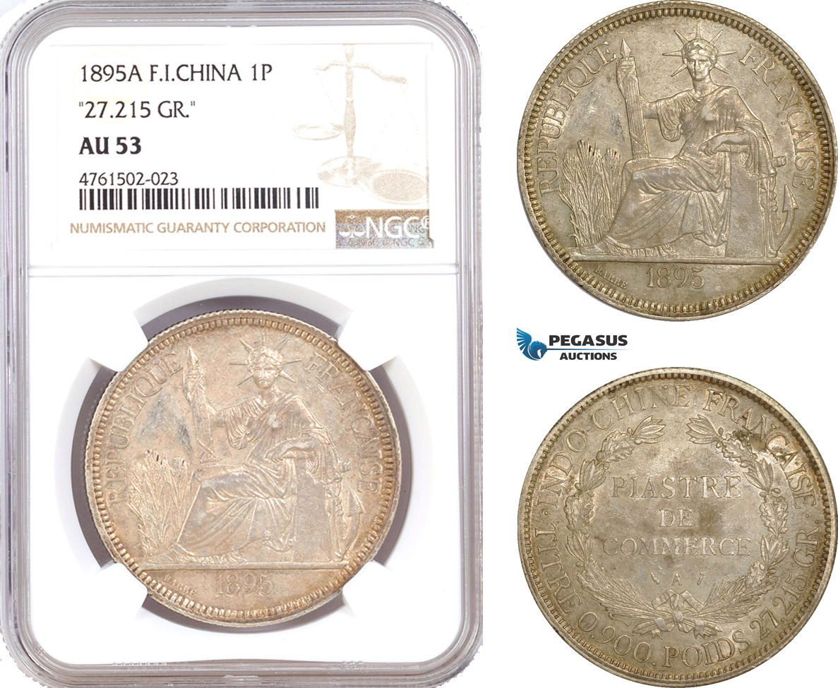 AE649, French Indo-China, Piastre 1895-A, Paris, Silver "27.215 GR." NGC AU53